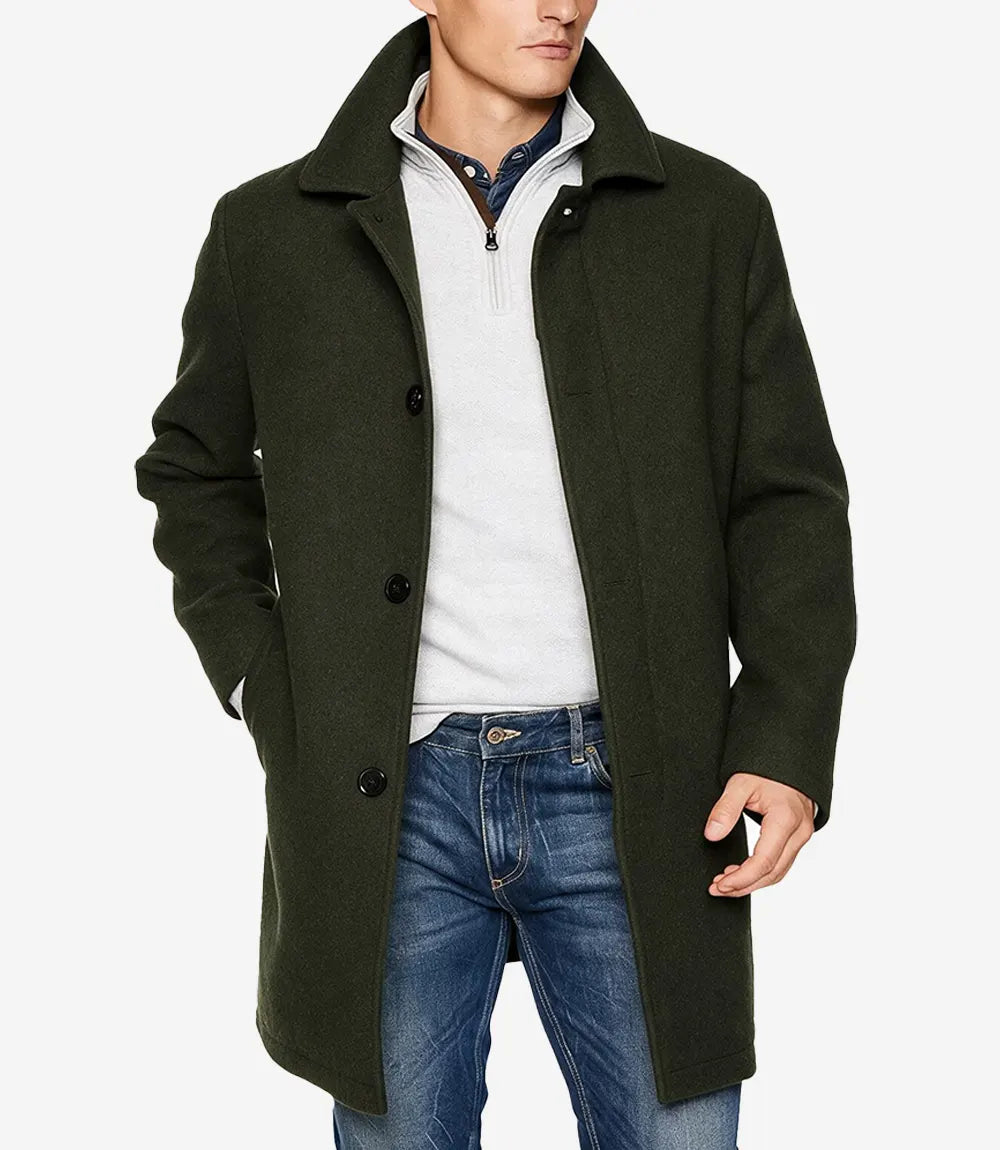 Armando Mens Olive Green Mid Length Wool Overcoat - Olive Green