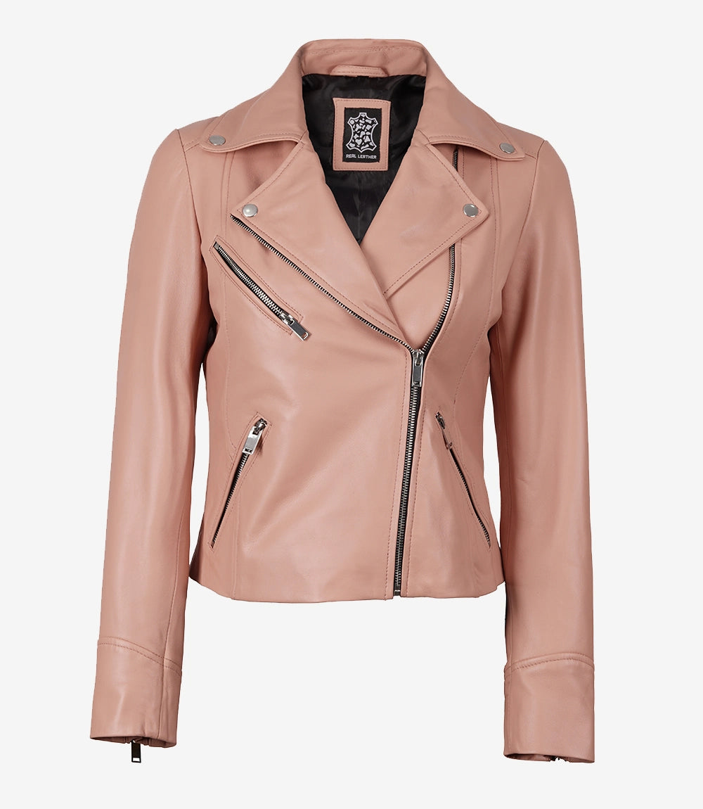 Womens Real Lambskin Leather Pink Moto Jacket