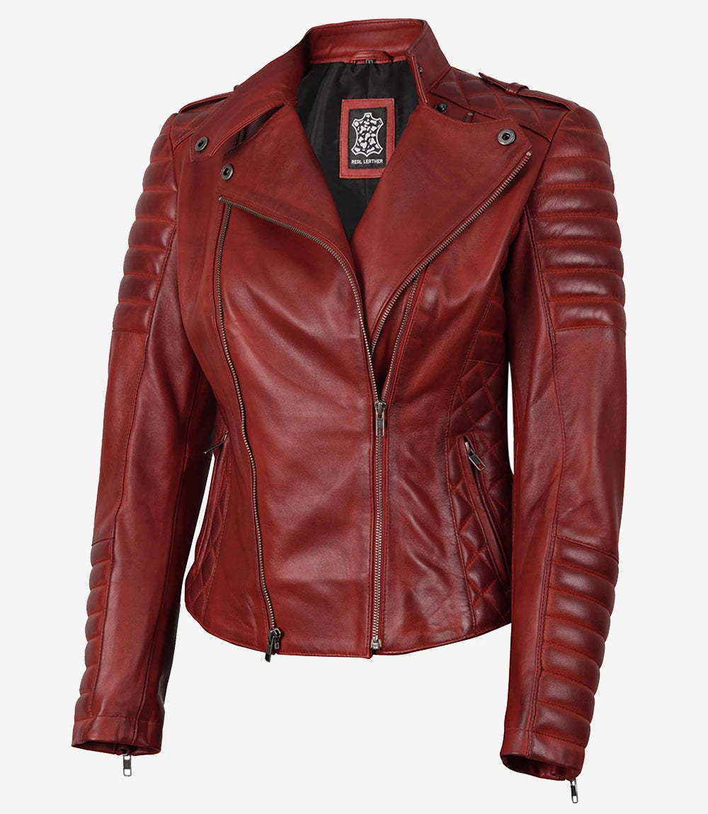 Womens Asymmetrical Red Leather Moto Jacket