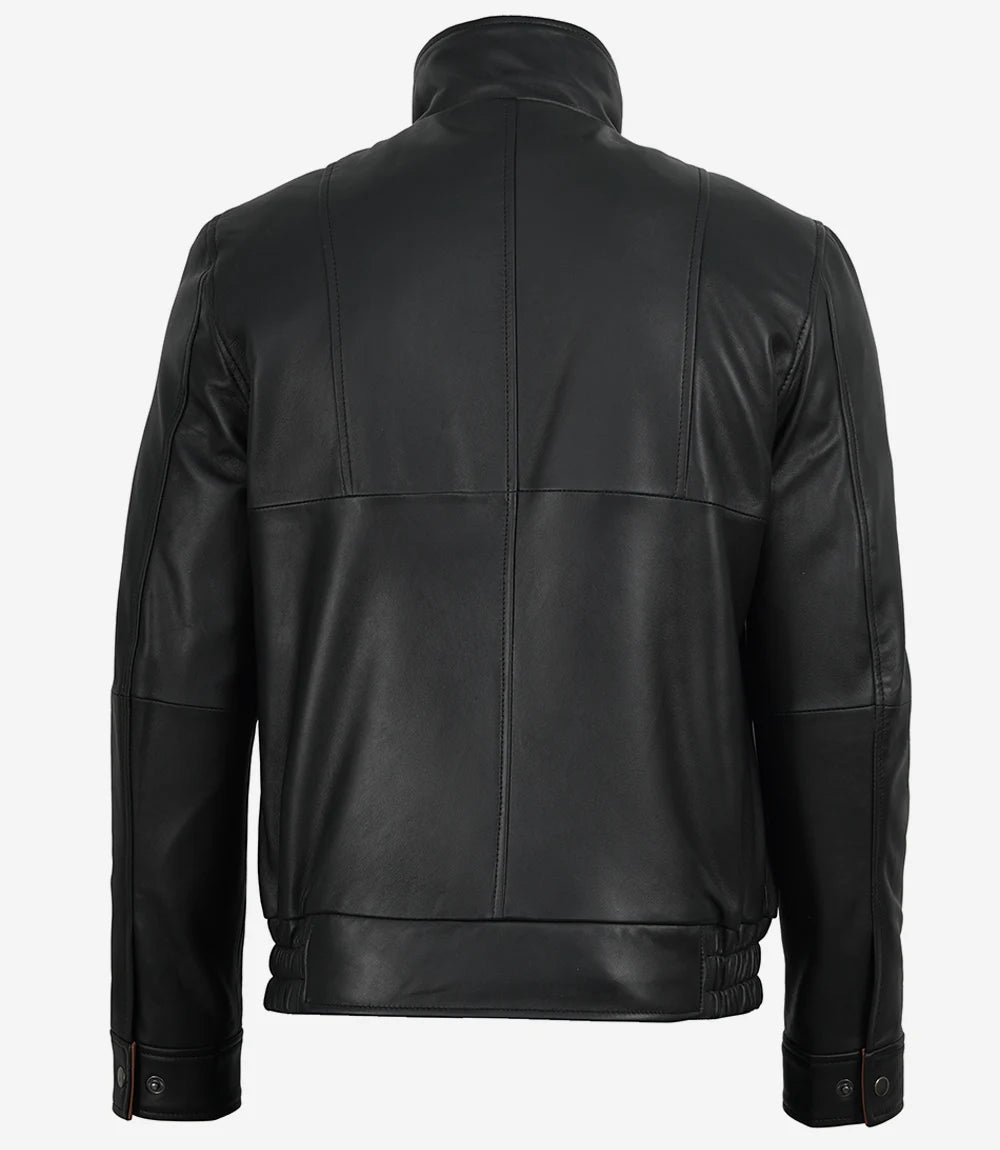 Erin Mens High-Collar Black Bomber Leather Jacket With Brown Details