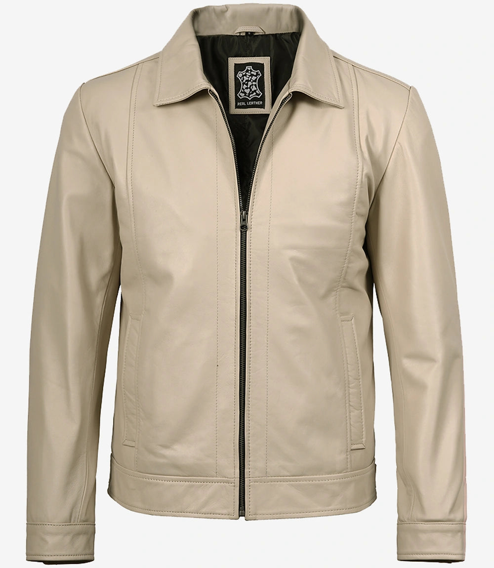 Mens Shirt Collar Beige Leather Jacket