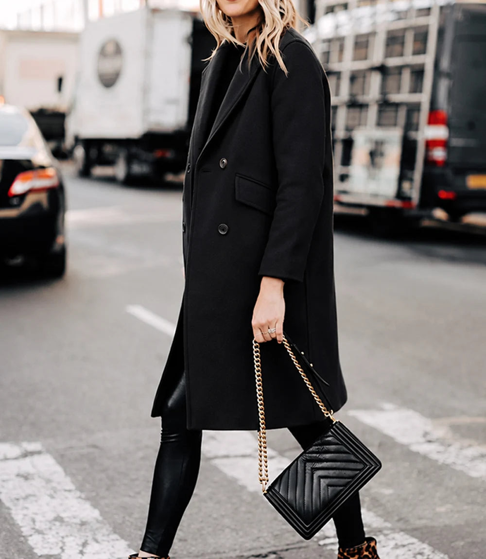 The Classicist: Women's Double-Breasted Wool Coat in Black - Black - view 2