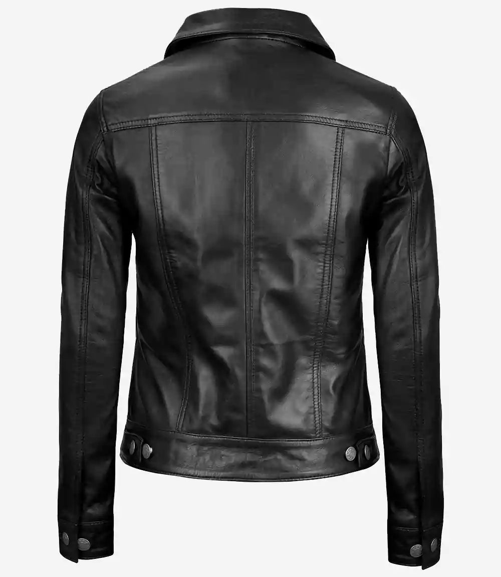 Womens Black Leather Trucker Jacket