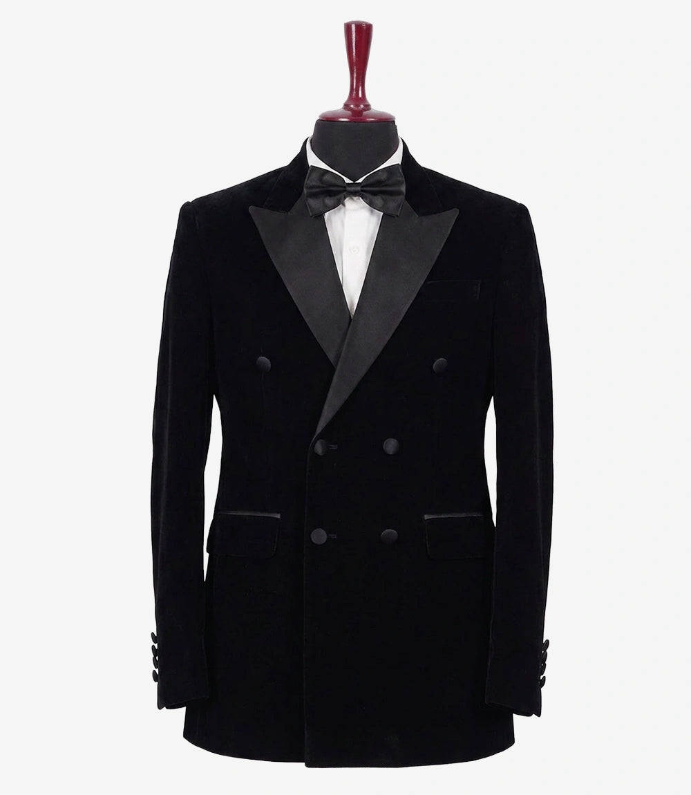 Men’s Black Velvet Double-Breasted Tuxedo Jacket — Peak Lapel