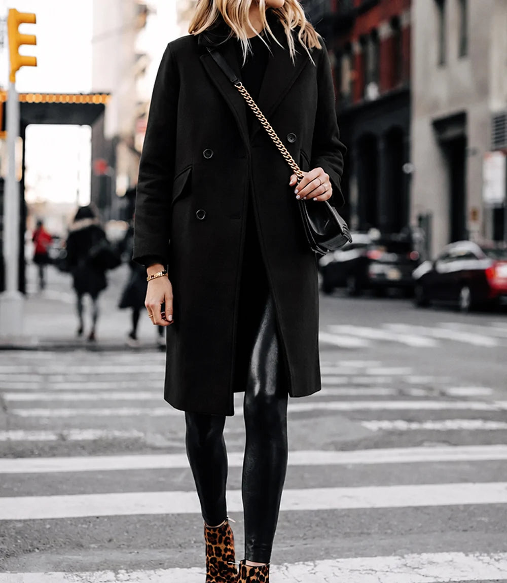 The Classicist: Women's Double-Breasted Wool Coat in Black - Black - view 3