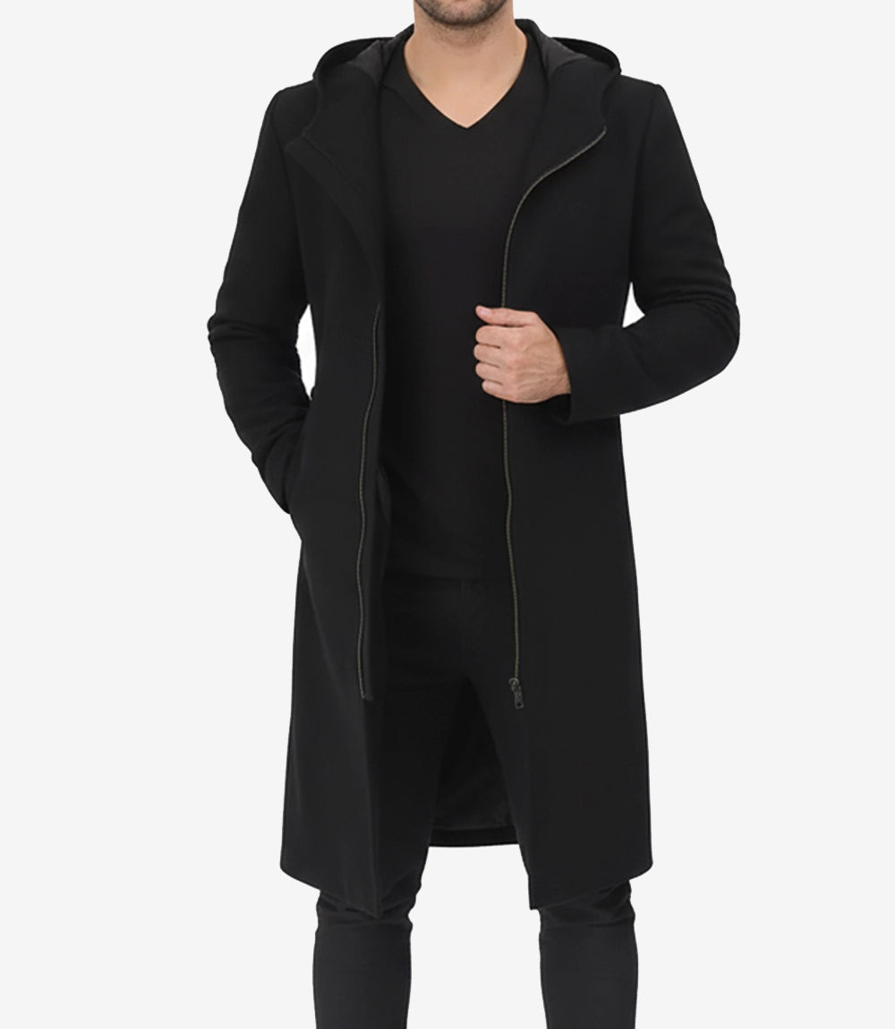 Stylish Men's Black Hooded Wool Coat - Modern Zip-Up Design