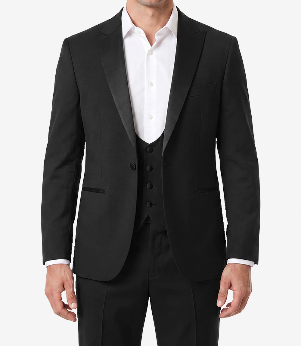 Mens Black 3 Piece Suit – Satin Peak Lapel One Button Tuxedo