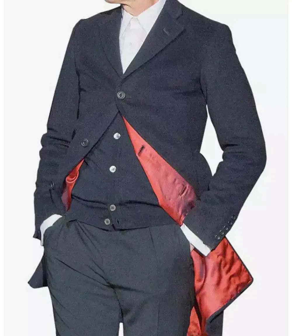 Mens Notch Lapel Dark Blue Wool Coat