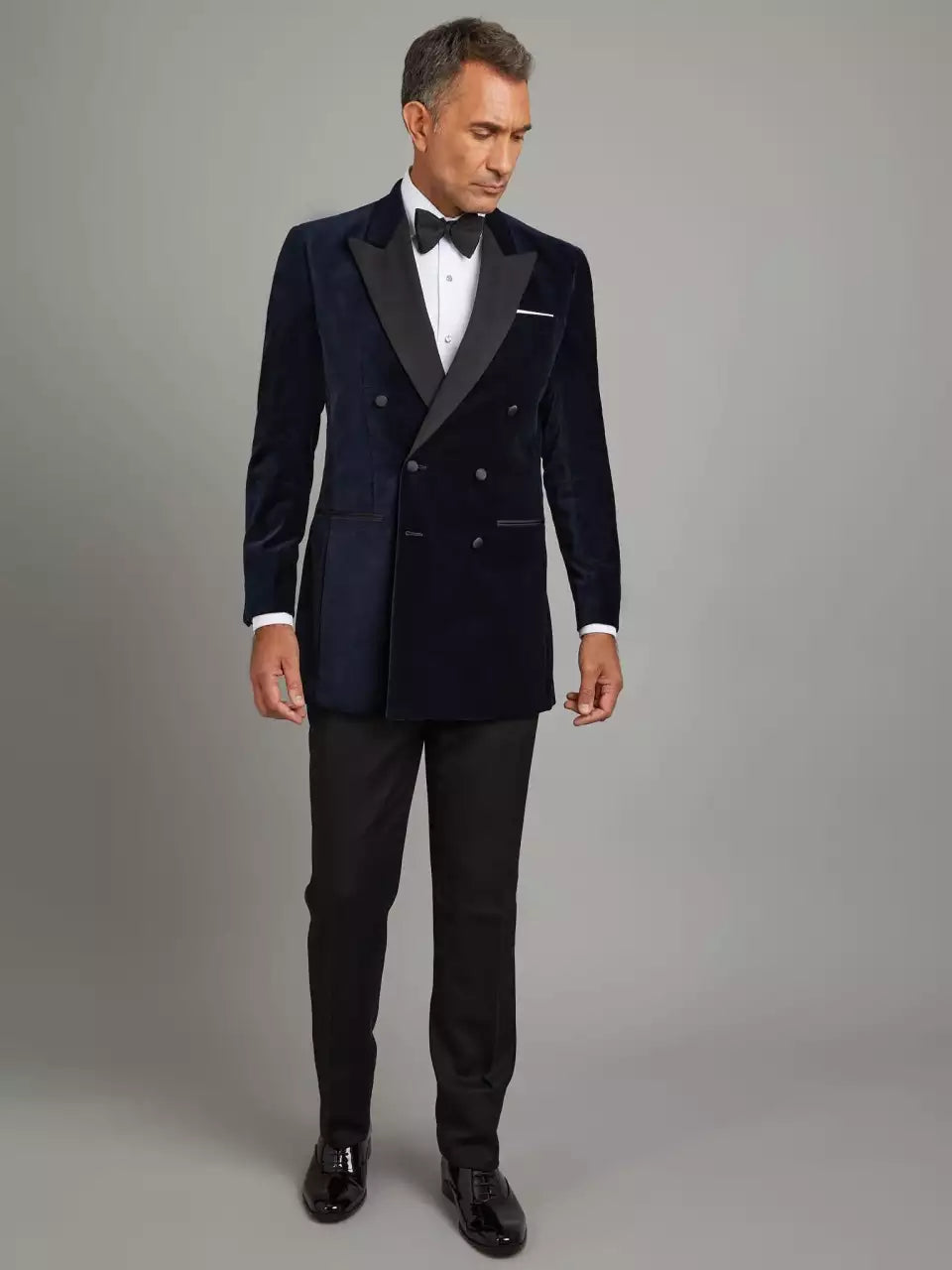 Mens Peak Lapel Double Breasted Blue Velvet Tuxedo