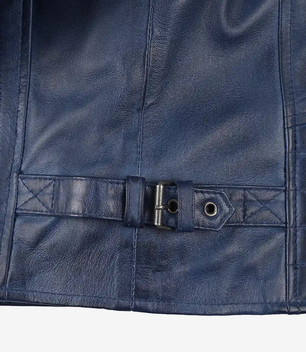 Mens Blue Waxed Cafe Racer Leather Jacket