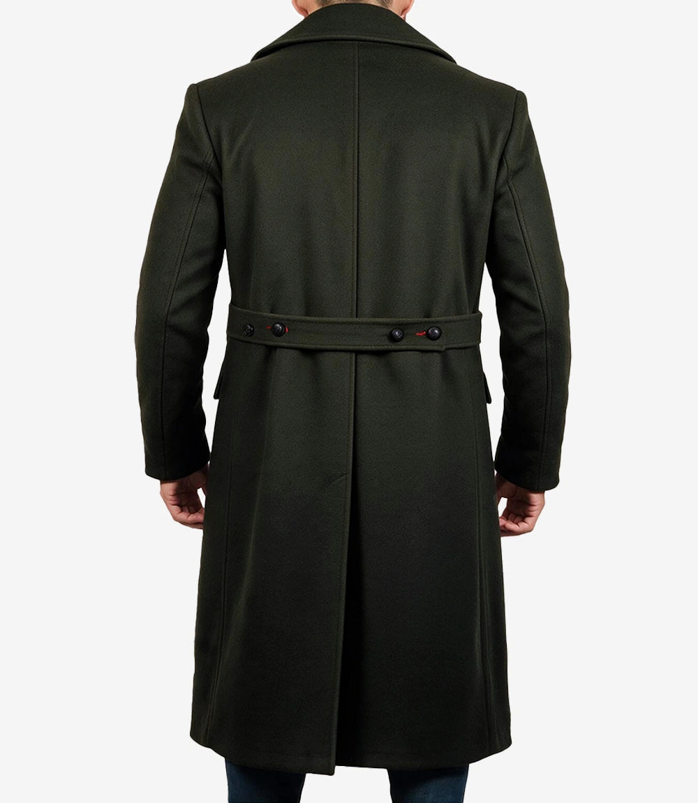 Men’s Double-Breasted Long Olive Green Wool Coat - Olive Green - view 4