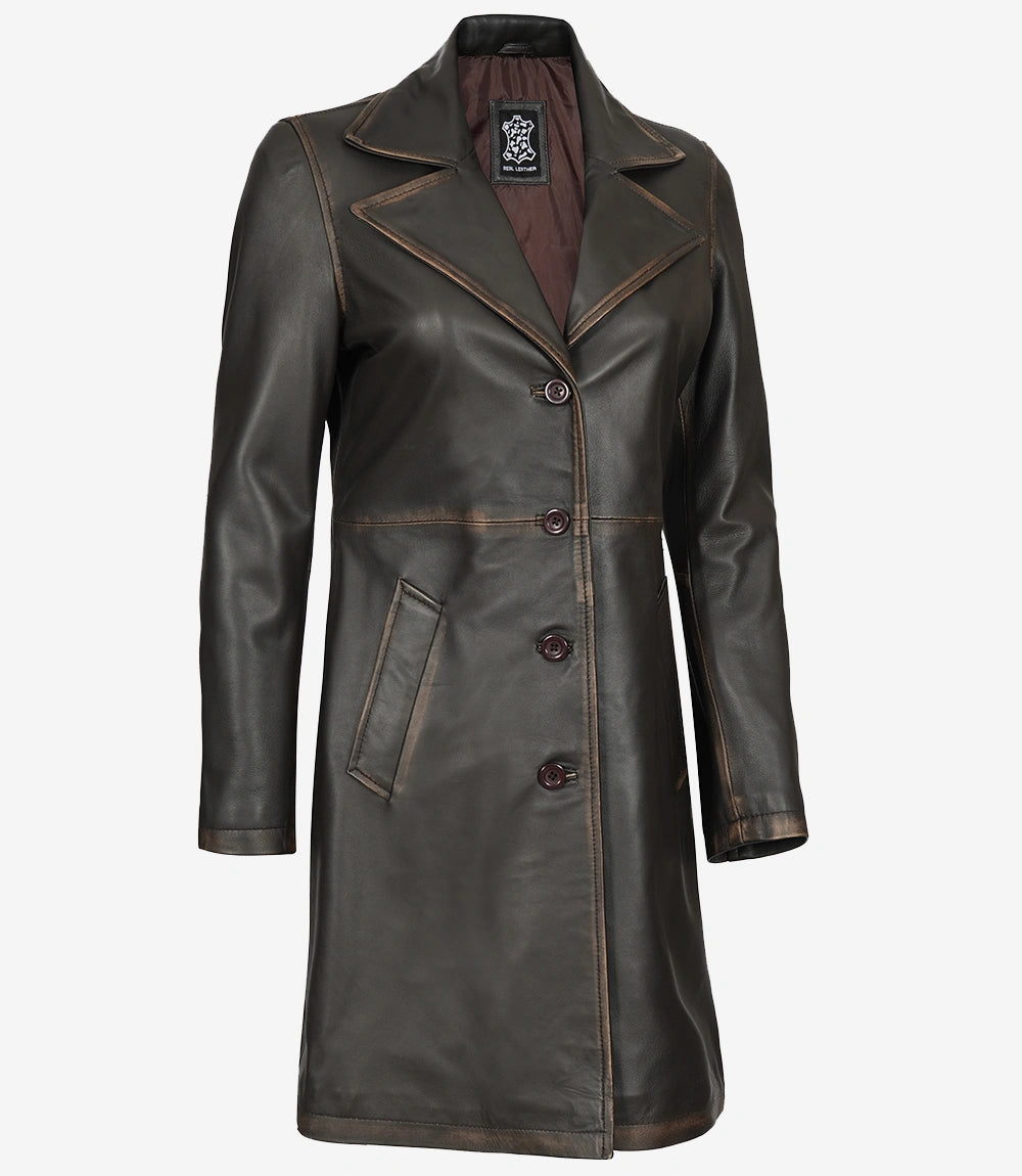 Women's Distressed Brown 3/4 Length Leather Coat