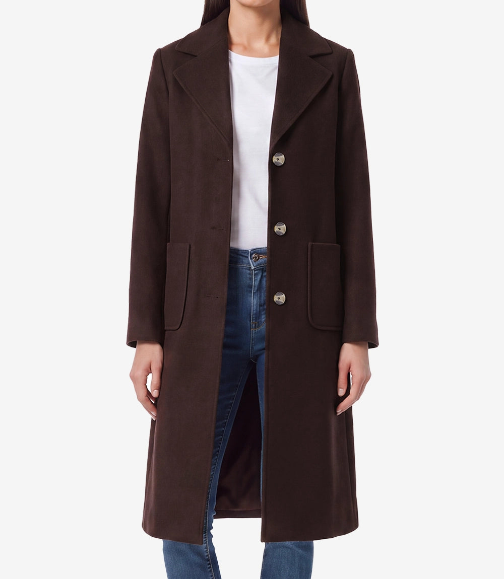 Womens Brown Wool Blend Longline Coat – Single Breasted 3 Button - Brown