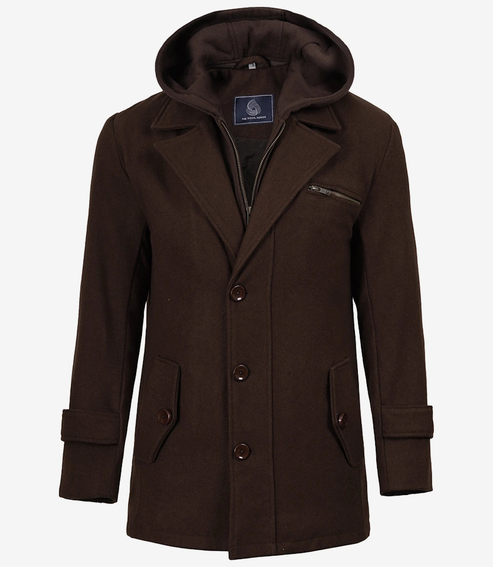 Men's Brown Wool Jacket – Removable Hood with Notch Lapel