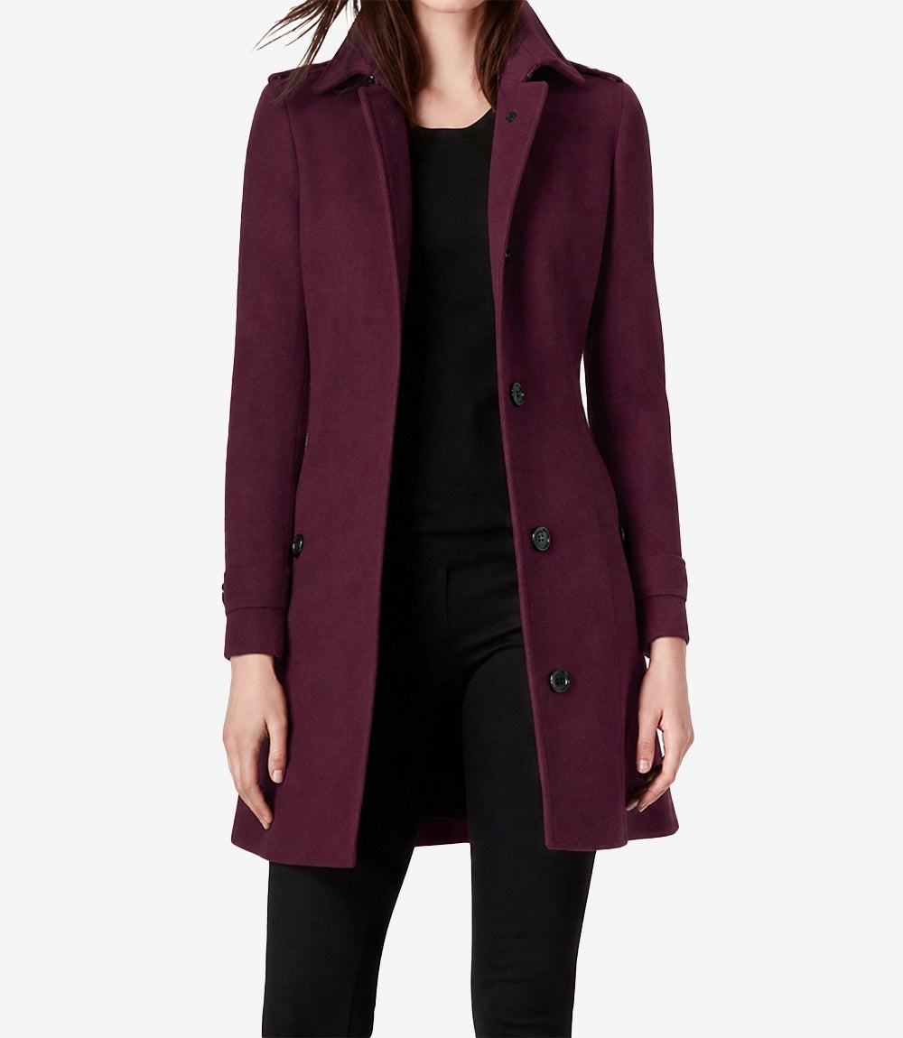 Josephine Women's Mid Length Burgundy Wool Coat - Burgundy