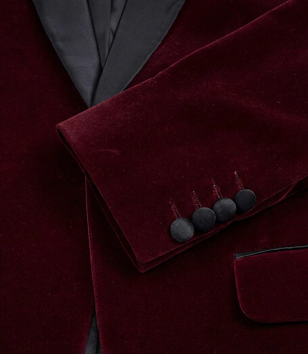 Men's Premium Burgundy Velvet Tuxedo Jacket - Peak Lapel