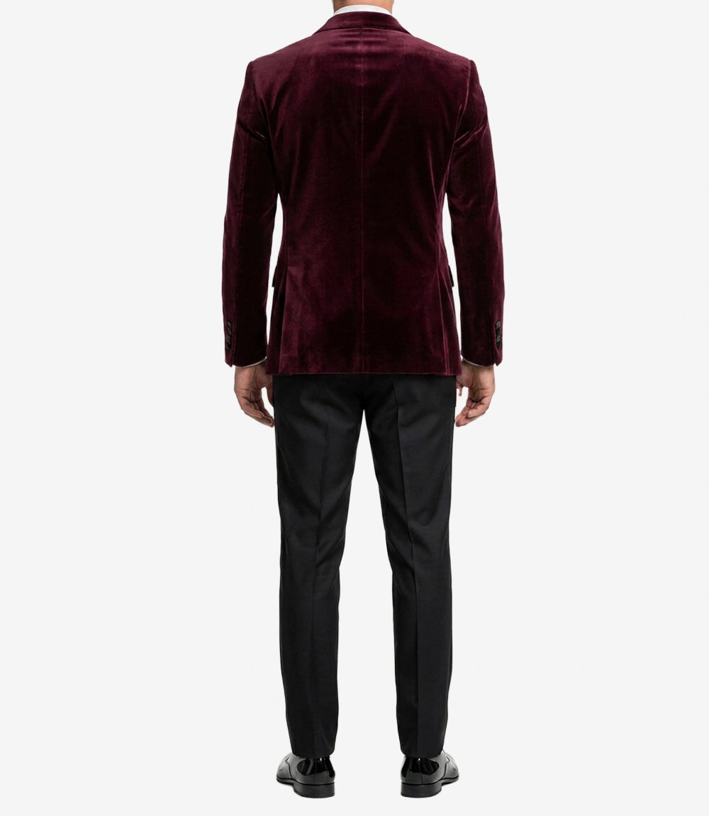Men’s Burgundy Velvet Double-Breasted Tuxedo Jacket — Peak Lapel