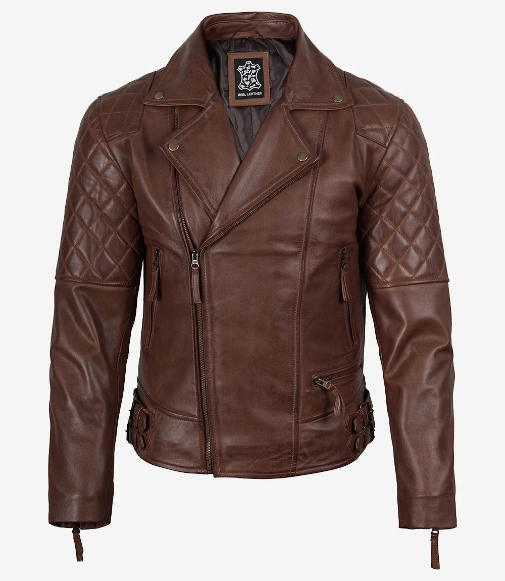 Men's Asymmetrical Cognac Biker Style Leather Jacket