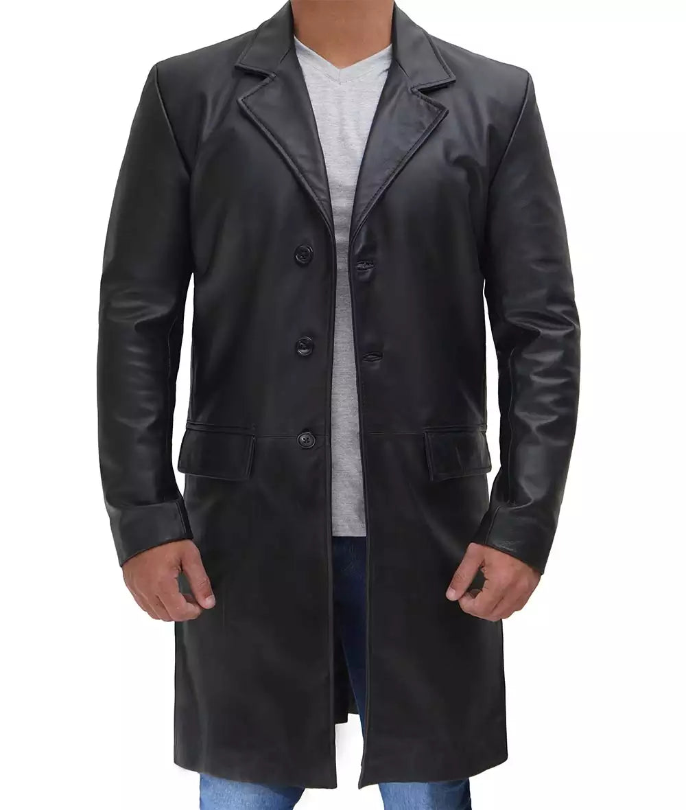 Mens Cowhide Black Long Leather Coat