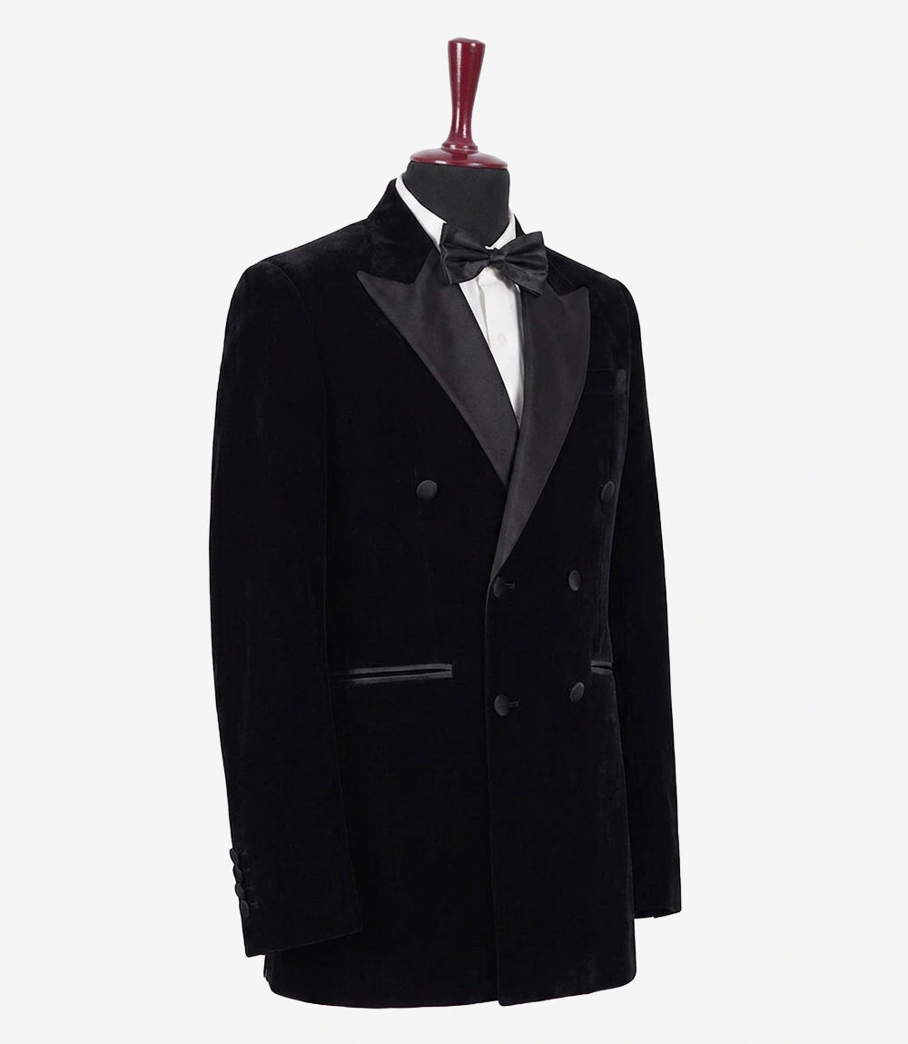 Men’s Black Velvet Double-Breasted Tuxedo Jacket — Peak Lapel
