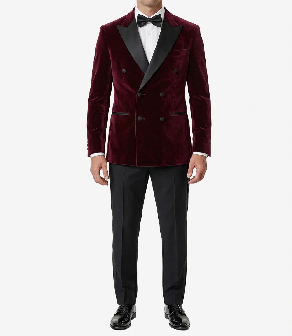 Men’s Burgundy Velvet Double-Breasted Tuxedo Jacket — Peak Lapel