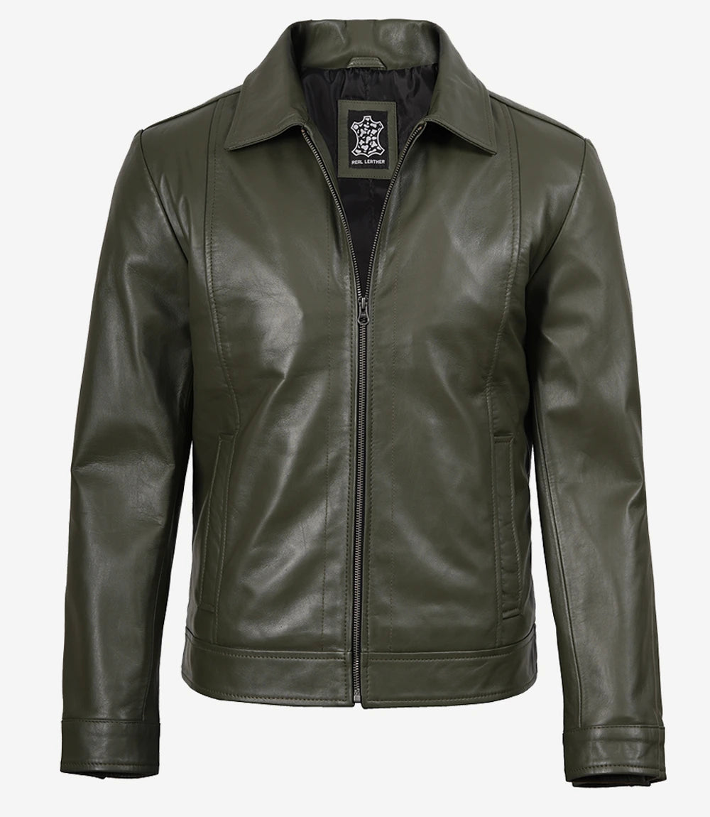 Mens Shirt Collar Green Leather Jacket