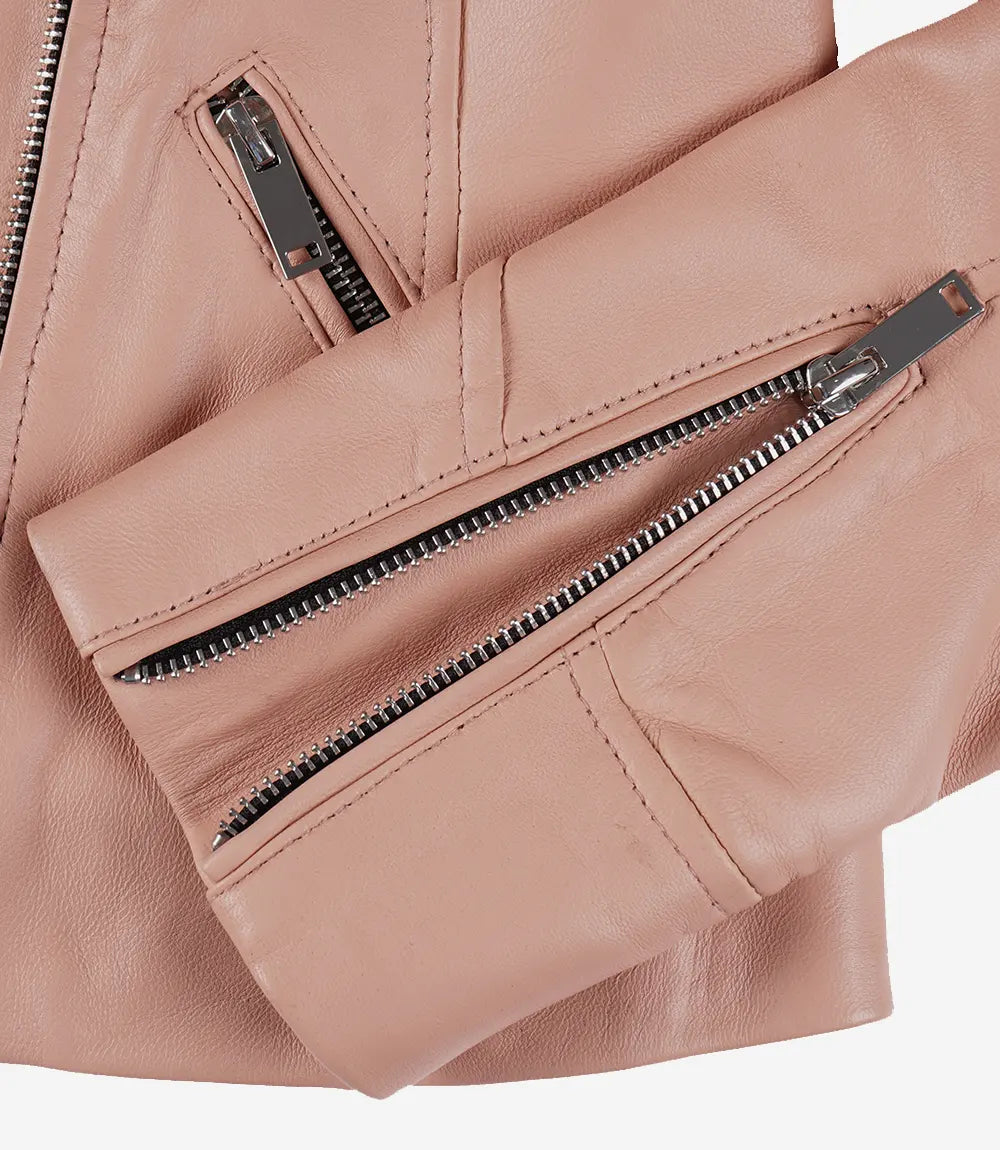 Womens Real Lambskin Leather Pink Moto Jacket