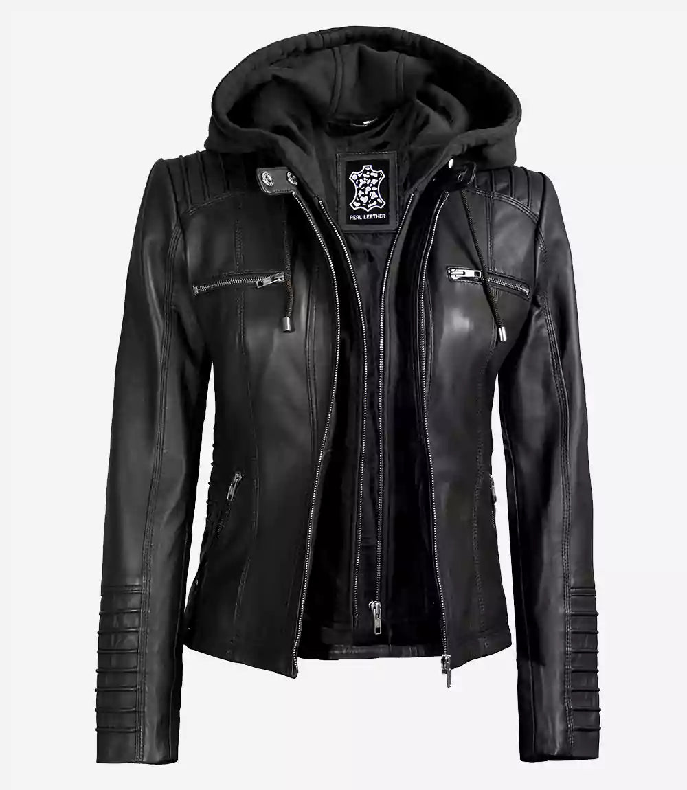 Womens Black Leather Jacket With Hood
