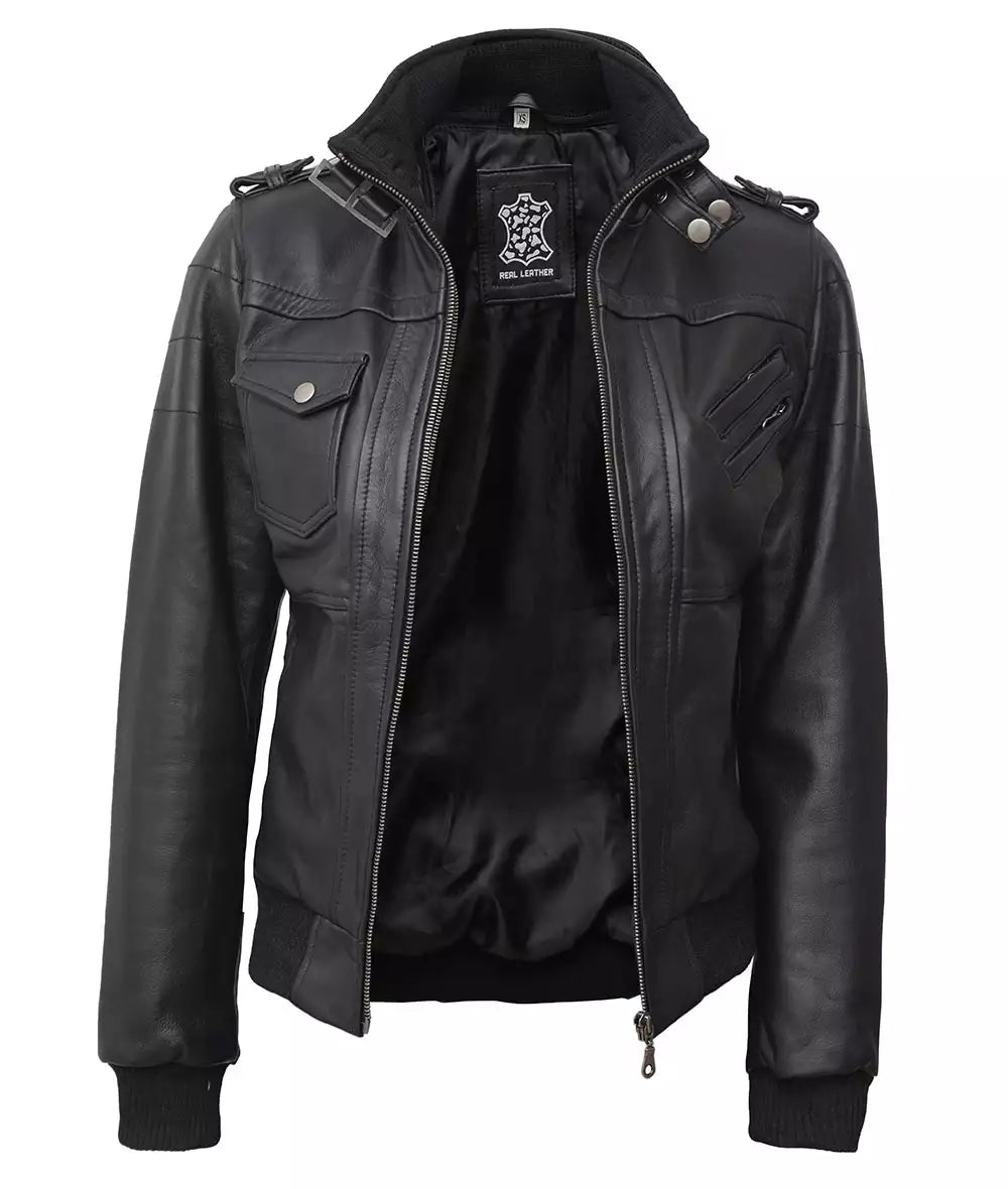 Womens Petite Black Hooded Bomber Leather Jacket