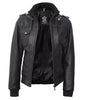 Womens Petite Black Hooded Bomber Leather Jacket