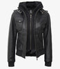 Womens Tall Black Hooded Bomber Leather Jacket