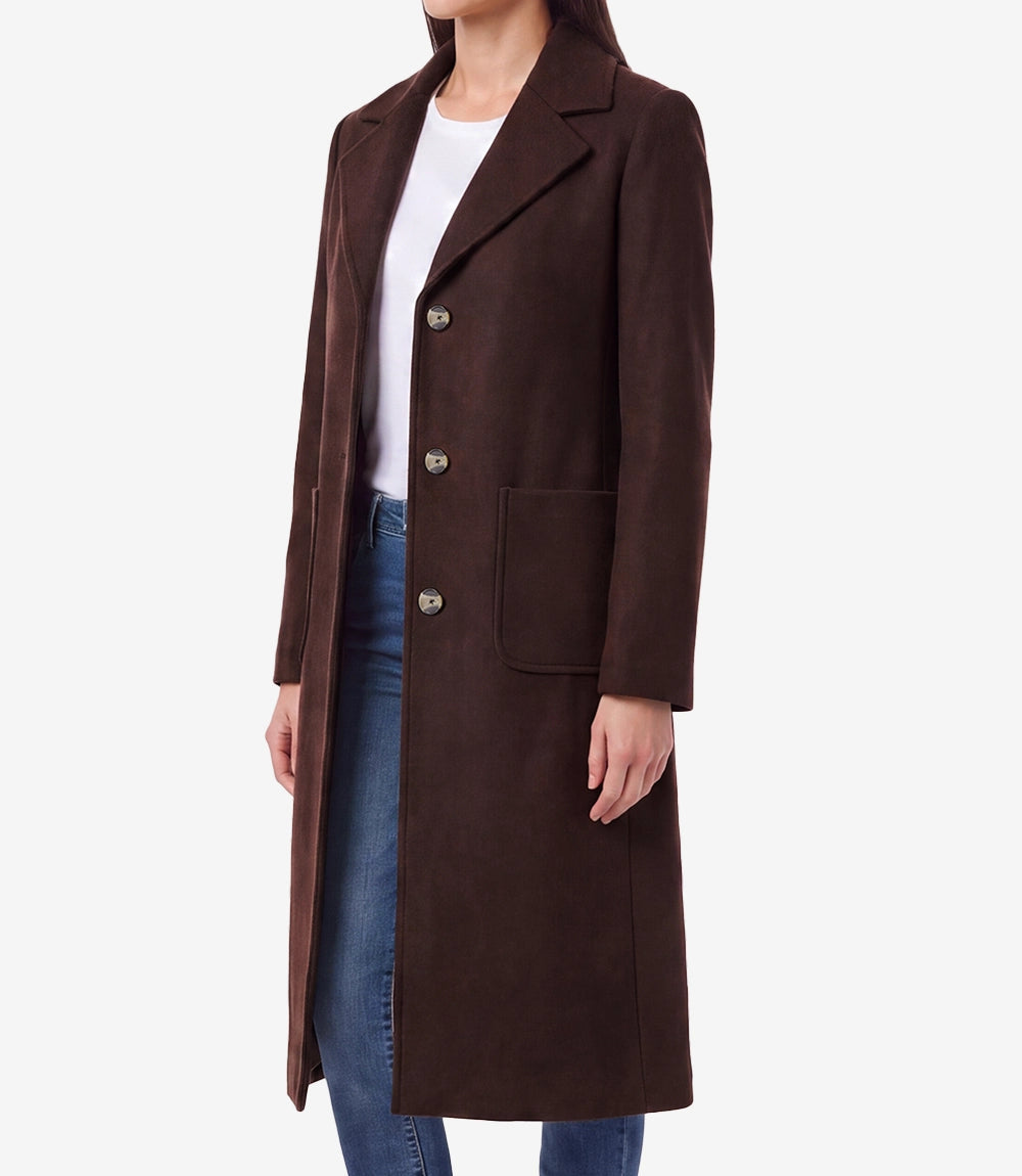 Womens Brown Wool Blend Longline Coat – Single Breasted 3 Button - Brown - view 3