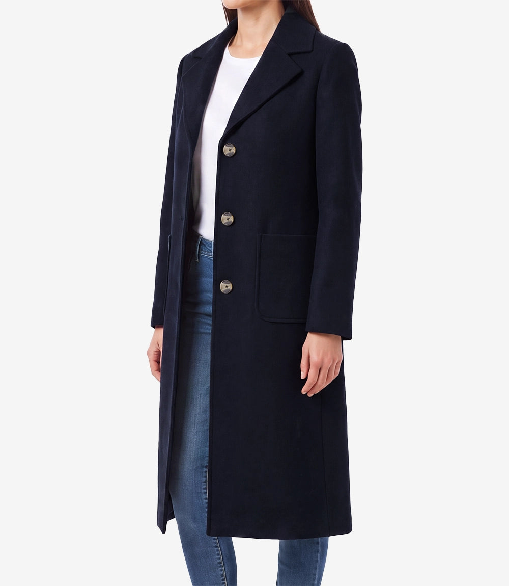 Womens Blue Wool Blend Longline Coat – Single Breasted 3 Button - Blue - view 3