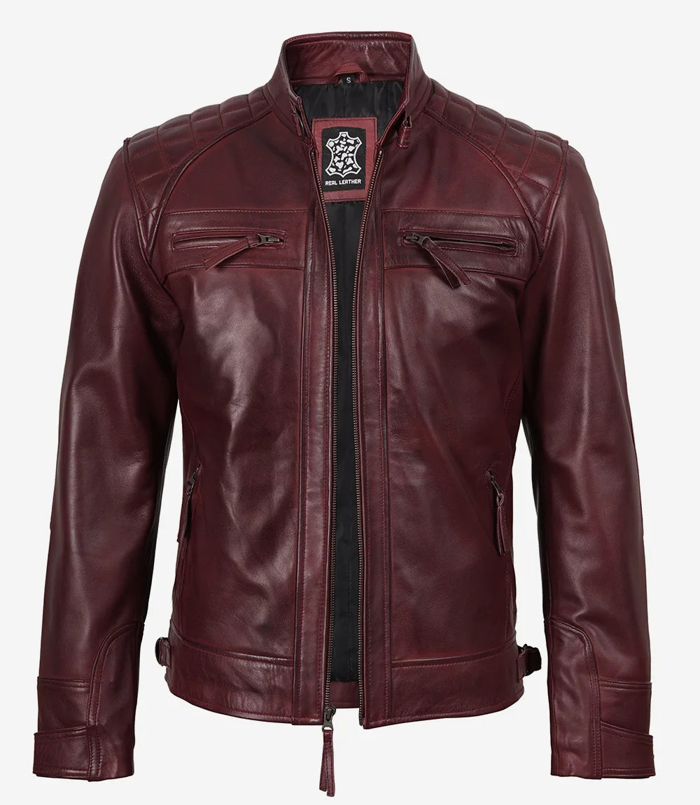 Men's Tall Real Leather Maroon Biker Style Jacket - Quilted Shoulder