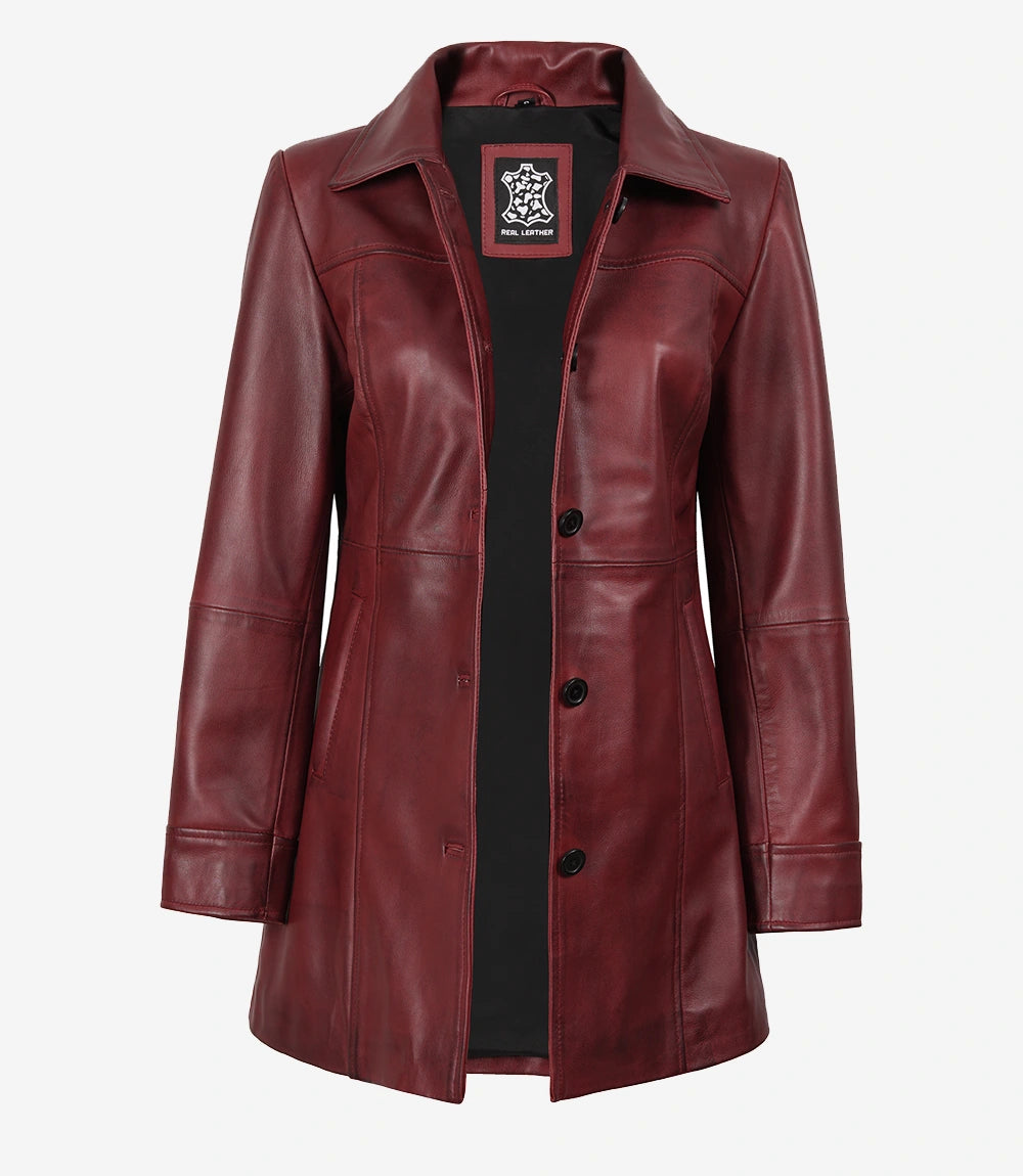 Womens Real Leather Maroon Coat
