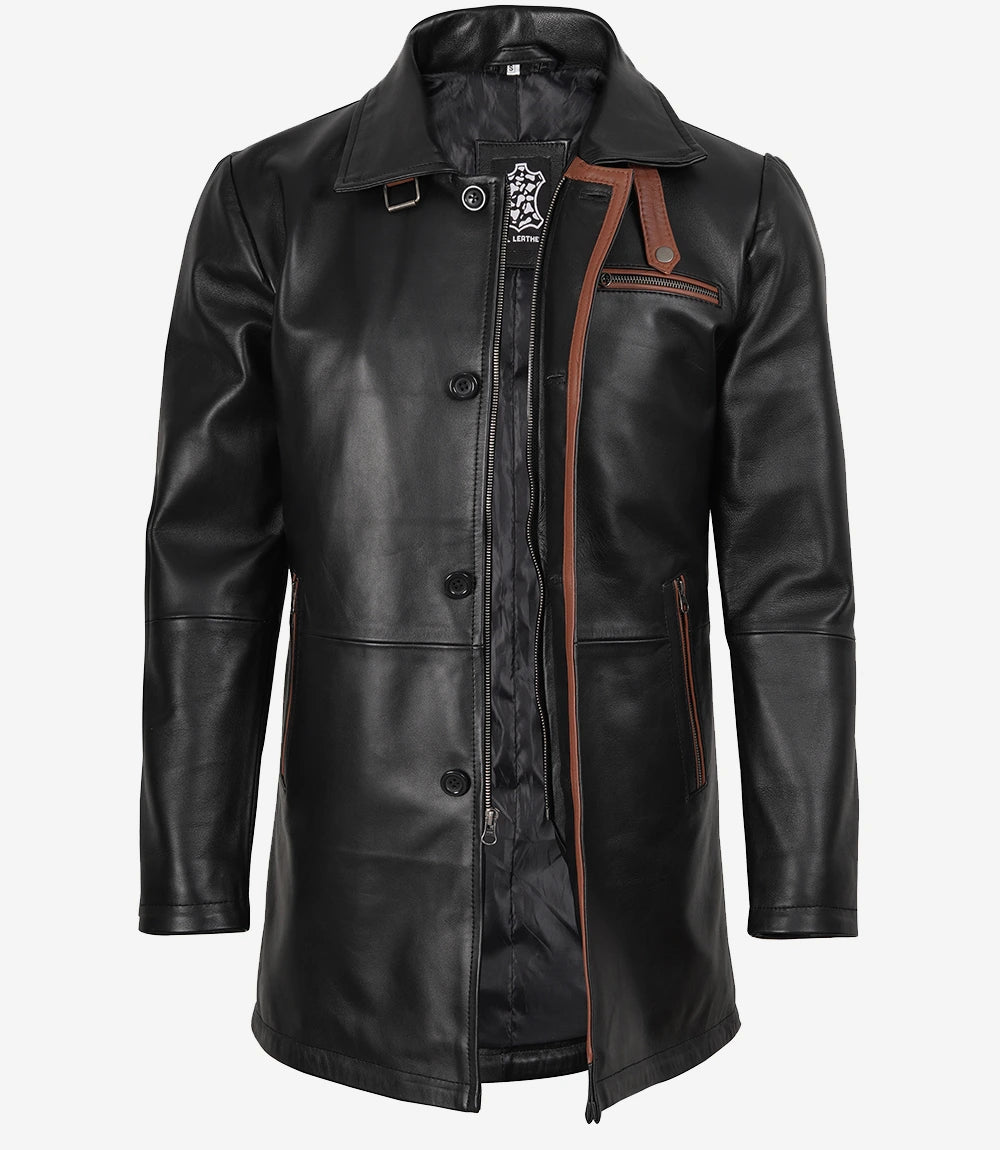 Men's Black Leather Coat With Brown Detailing