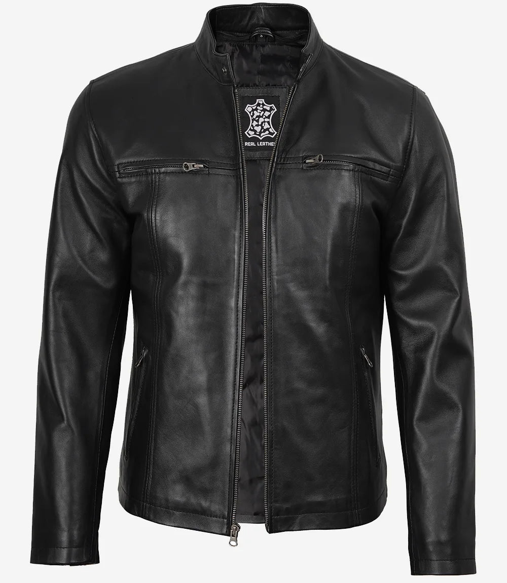 Men's Black Leather Jacket with Removable Hood