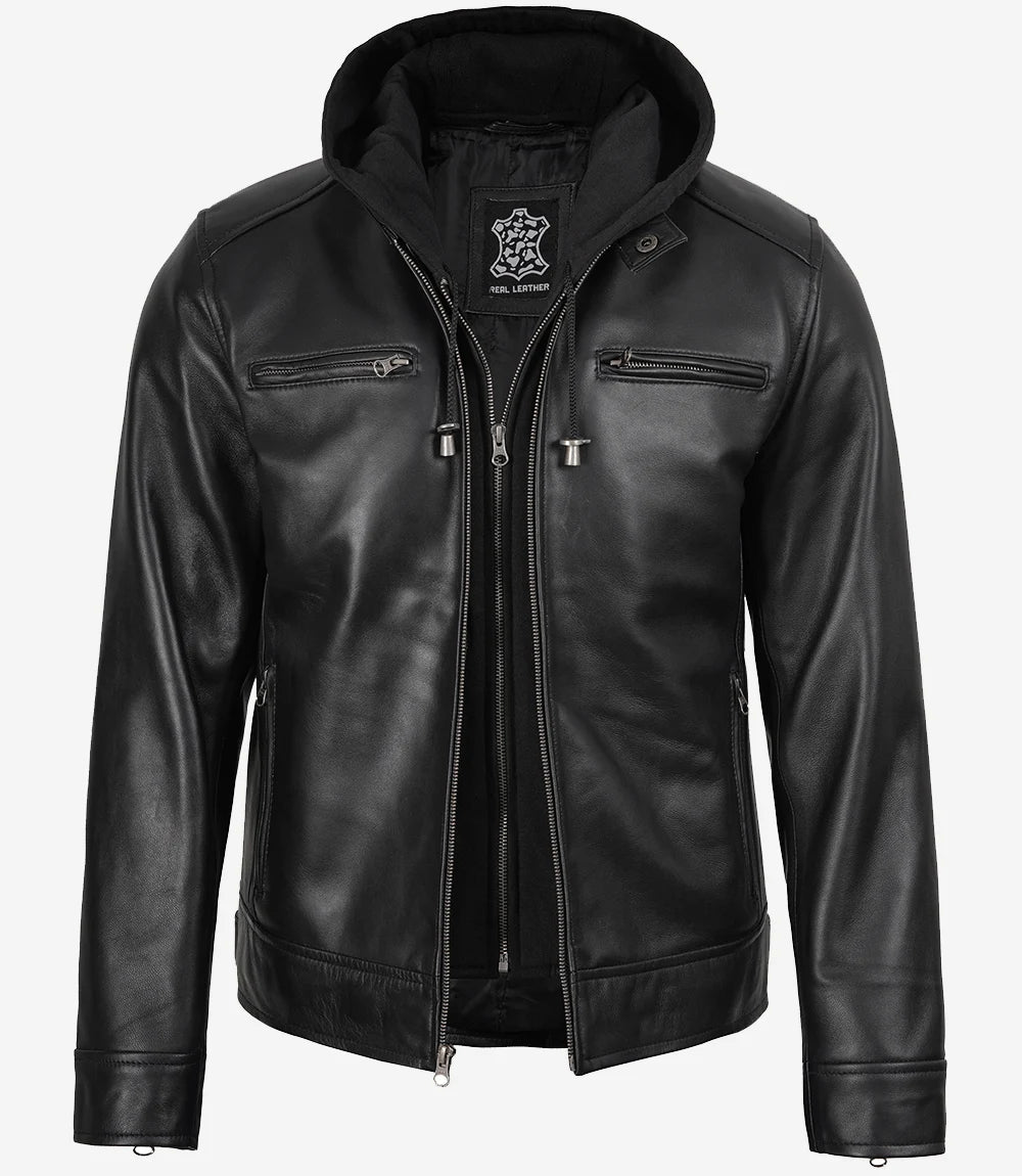 Men's Black Leather Jacket with Removable Hood