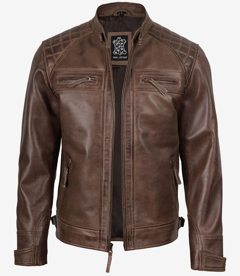Men's Chocolate Brown Biker Style Leather Jacket - Quilted Shoulders