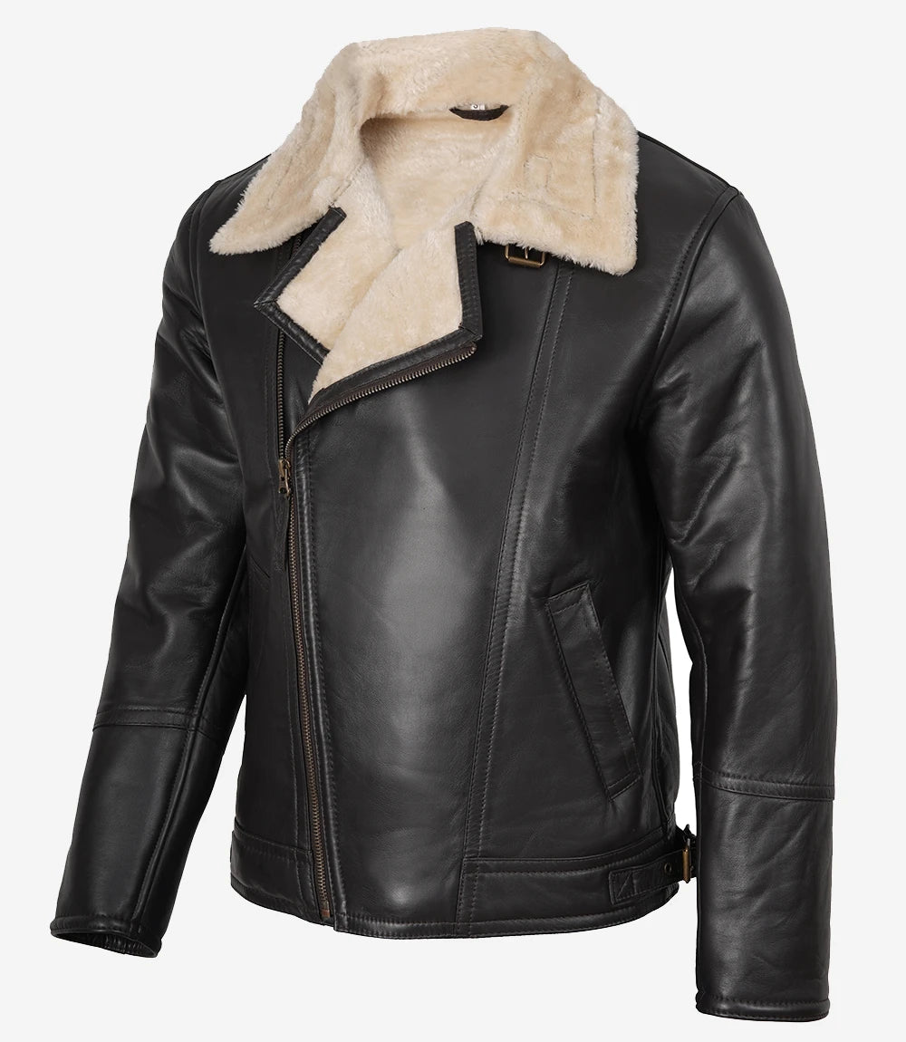 Men's Dark Brown Shearling Biker Style Leather Jacket
