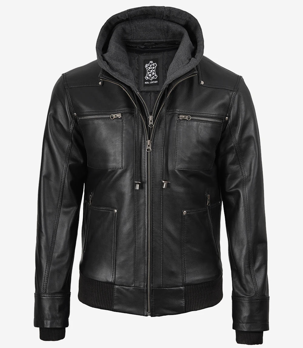 Men's Black Leather Bomber Jacket with Removable Hood