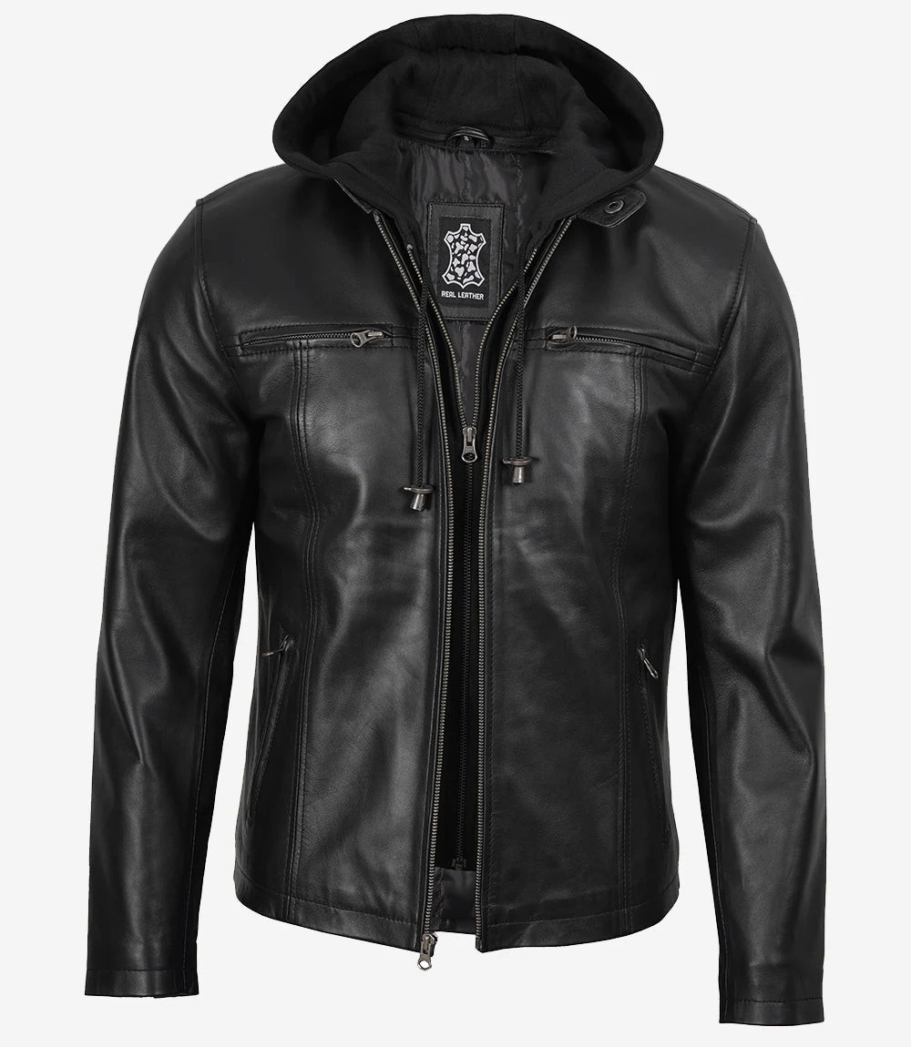 Men's Black Leather Jacket with Removable Hood