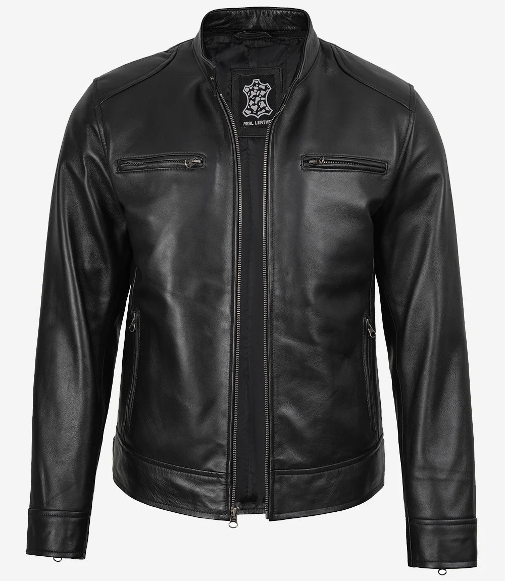 Men's Black Leather Jacket with Removable Hood