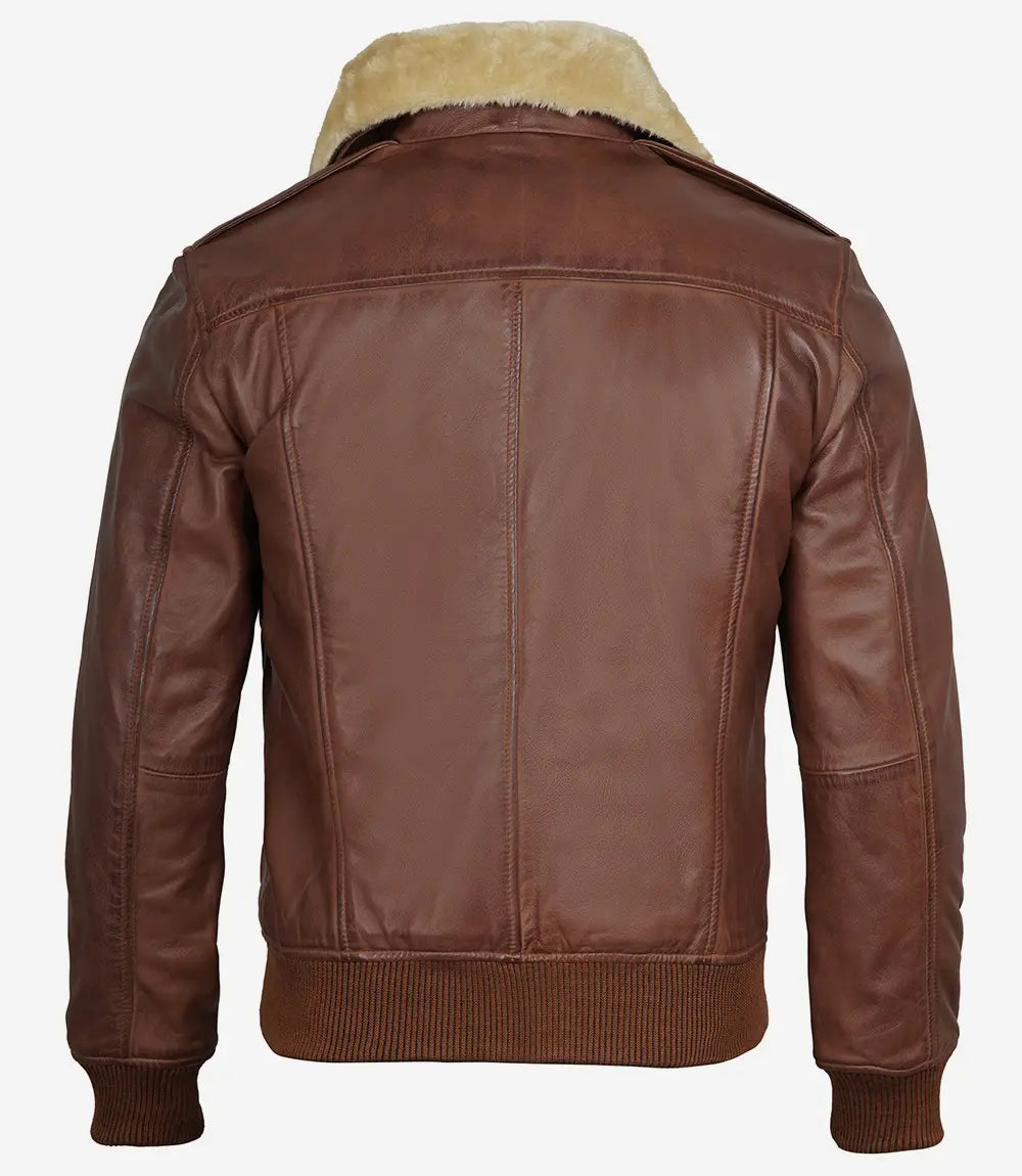 Mens Fur Collar Cognac Bomber Leather Jacket