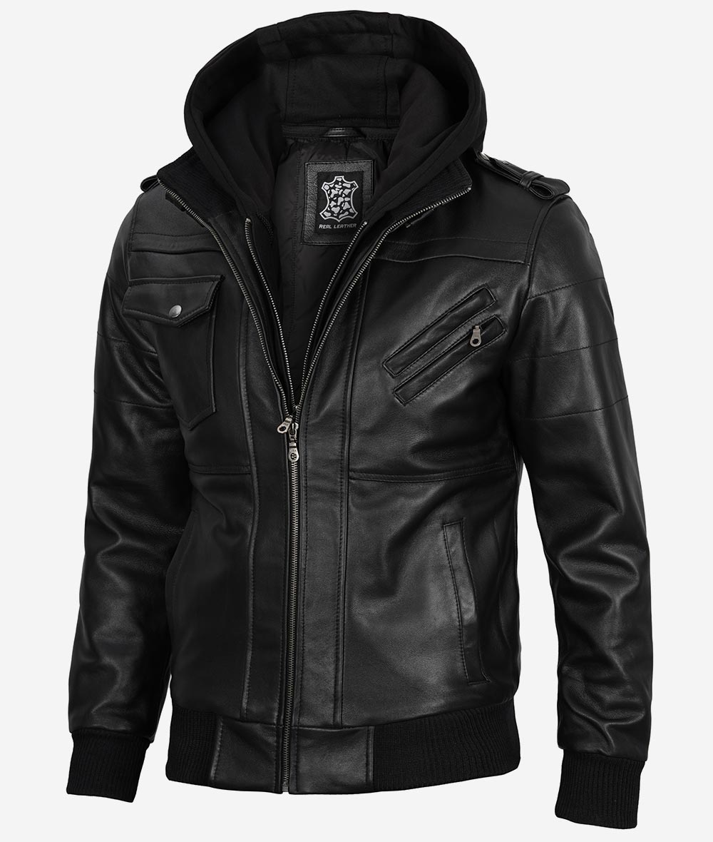 Mens Bomber Black Leather Jacket with Hood
