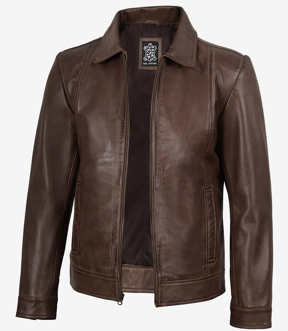 Mens Shirt Collar Chocolate Brown Leather Jacket