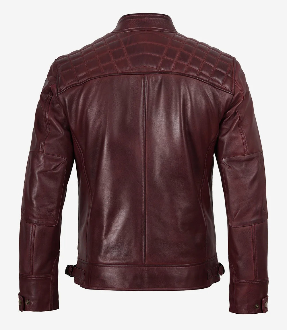 Men's Tall Real Leather Maroon Biker Style Jacket - Quilted Shoulder