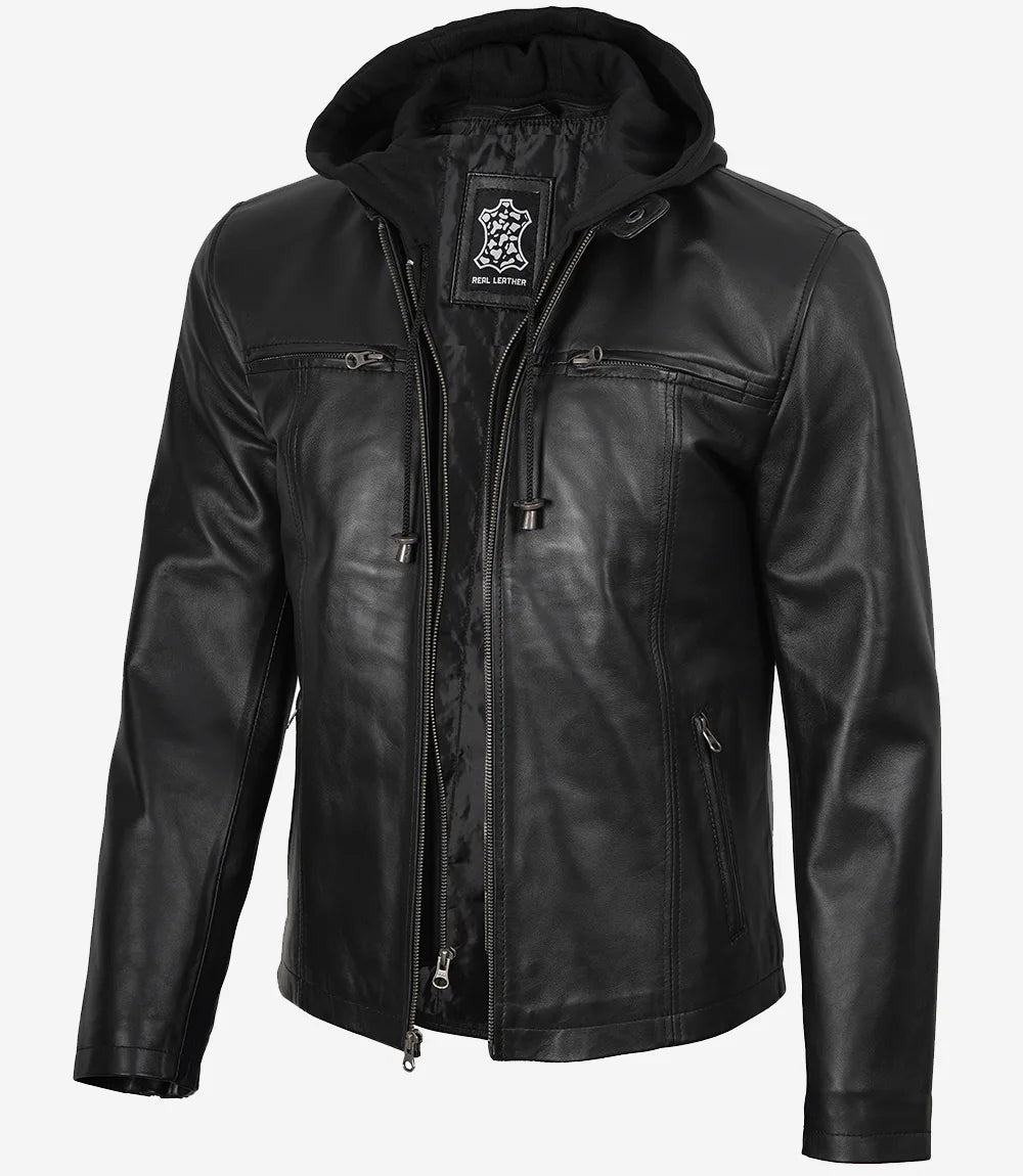 Men's Black Leather Jacket with Removable Hood