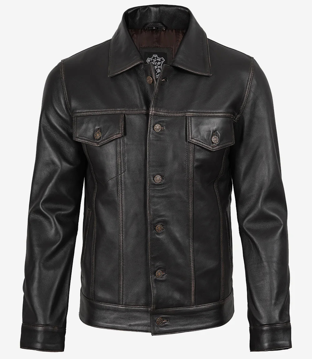 Men's Distressed Brown Leather Trucker Jacket