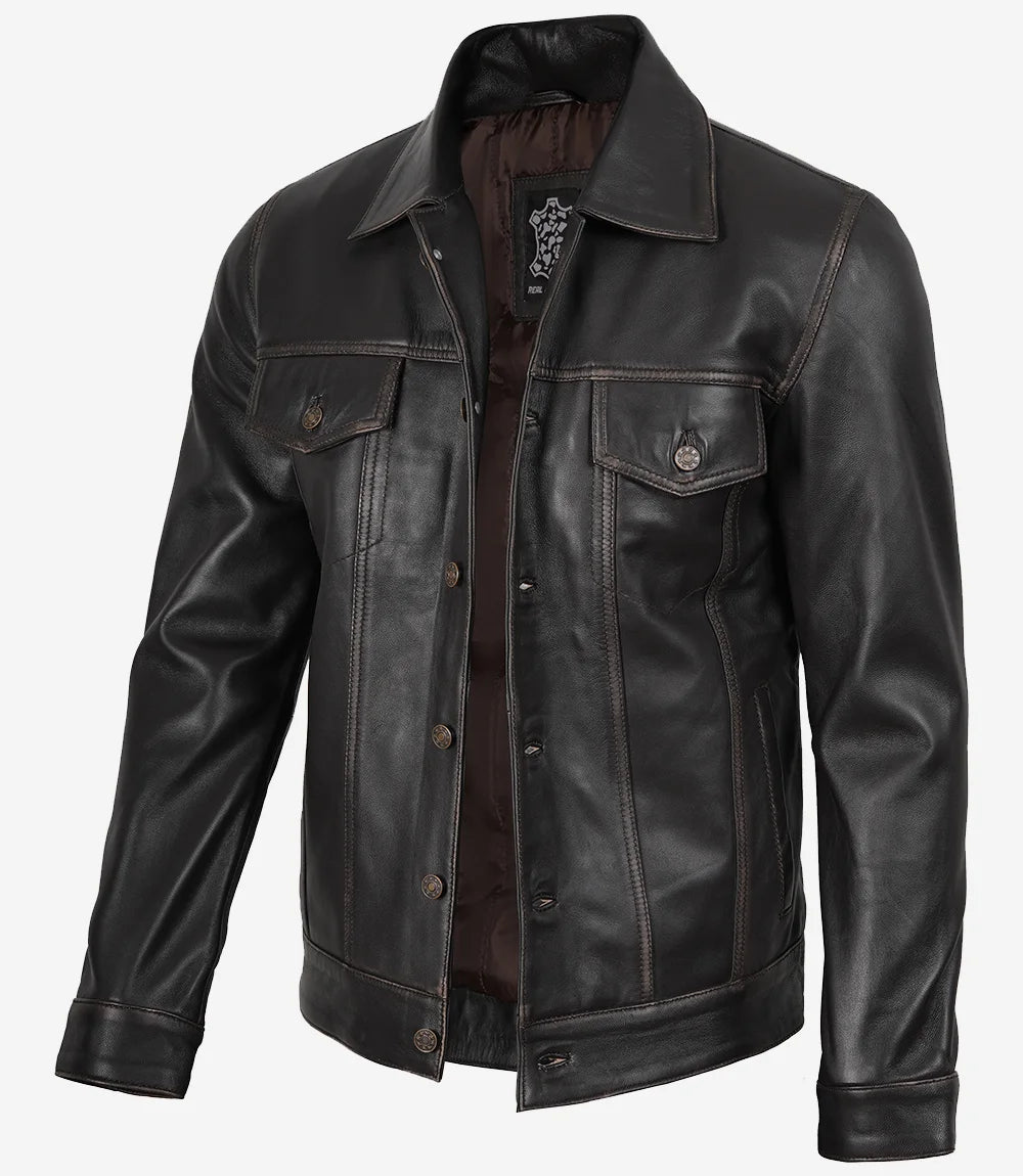 Men's Distressed Brown Leather Trucker Jacket